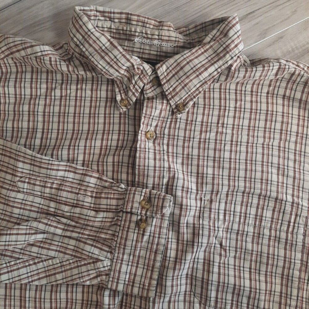 Eddie Bauer Men's XXL Beige Checkered Plaid Long Sleeve Button Down Shirt